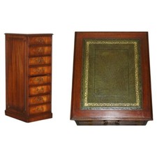 LOVELY FLAMED MAHOGANY LARGE FOUR DRAWER FILING CABINET WITH GREEN LEATHER TOP