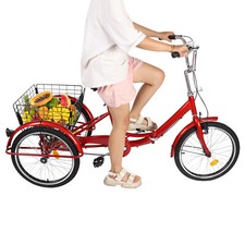 Foldable Adult Tricycle with Basket, 3 Wheel Bike 20 Inch Bicycle Tricycle Red