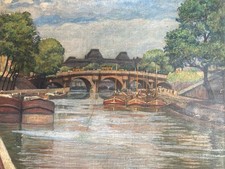 Beautiful Painting 1920 Paris Oil Canvas Impressionism Barge Seine Ancient Art