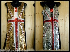 QUALITY SILVER GOLD BLUE UNION JACK ENGLAND FLAG SEQUINNED LADIES DRESS UKSELLER