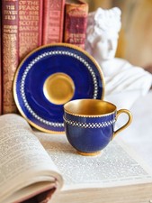 Exquisite Royal Worcester Cabinet Coffee Cup and Saucer Cobalt blue Jewelled