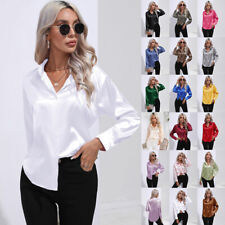 Ladies Satin Silk Blouse Casual OL Work Long Sleeve Buttons Tops Shirts Tee SIZE