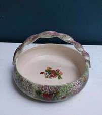 Vintage Green Ceramic Woodland Strawberry Pattern Basket With Handle