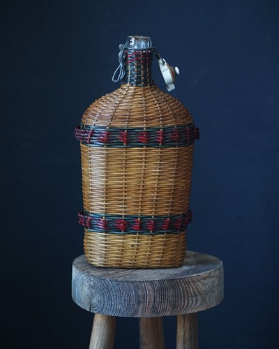 Vintage wicker covered glass - covered,