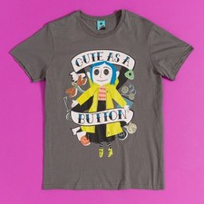 Official Women's Coraline Doll Cute As A Button Charcoal Fitted T-Shirt