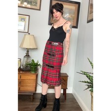 L.A.M.B brand decorative buckles pleated skirt tartan plaid preppy midi wool