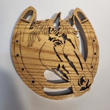 Handcrafted Horseshoe Horse Wooden Art Scroll Saw Silloheute Western Americana 