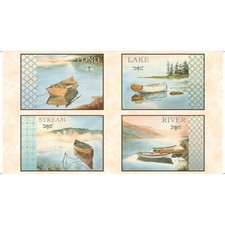 Row Boat Dock River Stream Nautical Cotton Fabric QT Tranquility 24"X44" Panel