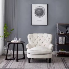 White Linen Upholstered Armchair Button Back Accent Chair for Living Room