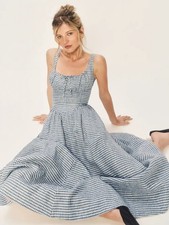 Reformation Balia Linen Dress in Slate Check UK12 RRP £278