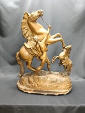 Large Victorian Spelter Mantelpiece Figurine Two Rearing Horses & Man Circa 1880