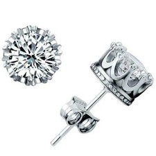 925 Sterling Silver Crystal Crown Womens/Mens Ear Shiny Trendy Stud Earrings