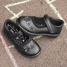 Walkright Girls Shoes Black Kids School Easy Fasten Flowers Gripped Olive SIZE