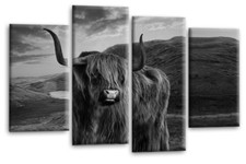 Framed Scottish Highland Wall Art Grey White Cow Split Picture Panel