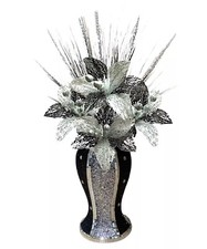 BLACK SILVER VASE WITH FLOWERS MOSAIC CRUSHED CRYSTAL ROMANY BLING 30cms ?