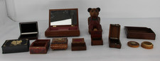 F x12 Antique Wooden Treen Items Inc. Jewellery Box, Caved Bear, Embroidered Etc