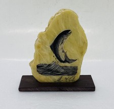 Rare Lake Trout Etched Art Carved Marble Jade Stone 4.25” Standing Signed 3