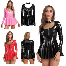 UK Women Leather Pleated Dress Latex Wet Look Sleeveless Mini Dress Clubwear