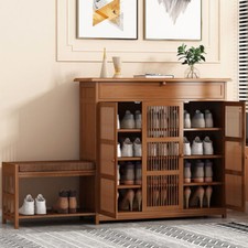 Shoe Cabinet Cupboard 3 Shuttered Doors Footwear Organizer & Linen Bench Stool