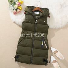 WOMENS LADIES HOODED LONG LINE PUFFER GILET JACKET PADDED TOP BODY WARMER JACKET