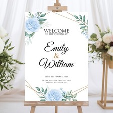 Wedding Welcome Sign, Blue Flower Gold Geometric Sign, A1, A2, A3