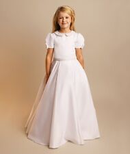 First Holy Communion Dress Girls Full Length, Soft White Satin UK Designer Dress