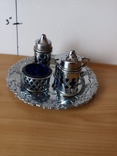 4-Piece Vintage Condiment Cruet Set Glass/Chrome Bristol Blue Glass Linings