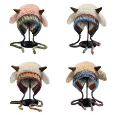 Playfulness Sheep Horn Winter Hat Stretchy Knitted Fabric Daily Wear And Outdoor