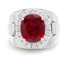 4Ct Oval Simulated Ruby & Diamond Men's Rolex Pinky Ring 14K White Gold Plated