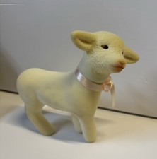 Vintage Flocked Lamb Sheep Plastic 7” Tall Ivory Cream Farm Animal Velvet