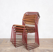 VINTAGE BURGUNDY STACKING CHAIRS WOODEN SLATTED SEATS METAL STACKING CHAIRS