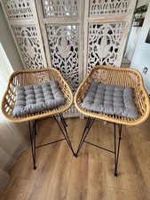 Pair of Rattan Bar Stools. Stylish With Grey Cushions.