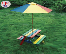 Wooden Rainbow Garden Furniture Picnic Table Children Bench Parasol Set Kids