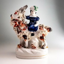 Antique Staffordshire Pottery Figurine Child Girl Riding Goat 1850–70 Mantel