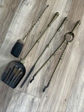 c1860 Antique Solid Brass Large Fireside Companion Set Tongs Shovel Poker Brush.