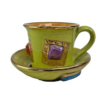 Mary Rose Young Cup & Saucer Set Jewelled Studio Pottery Lime Green Signed