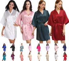 UK Plain Satin Silk Robe Wedding Bridesmaid Kimono Dressing Gown Sleepwear S-3XL