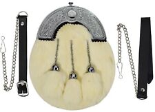 FULL DRESS KILT SPORRAN WHITE RABBIT FUR & CHROME CELTIC CANTLE