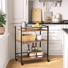 3 Tier Industrial Rolling Wooden Kitchen Serving Cart Trolley Organizer Wheel