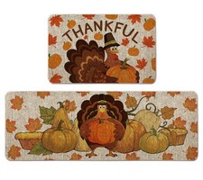 Thanksgiving Kitchen Rugs Thankful Turkey Pumpkin Maple Leaf Seasonal Decor D...