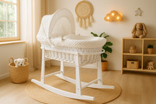 Luxury Moses Basket Padded Wicker Baby Full Set Rocking Stand White Handle/White