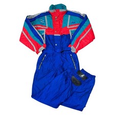 Vintage Fila Ski Suit One Piece 90s Hooded Snow Apres Retro Blue Red Mens Small