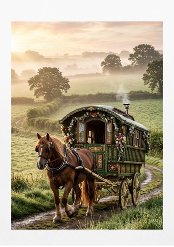Misty morning gypsy wagon - misty,