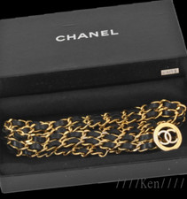 CHANEL CC Logo Chain Belt Gold Vintage GP Ken Coco Black Leather Coin Medal F/S