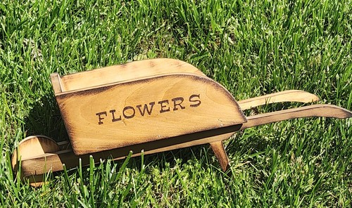 Wooden woodburned wheelbarrow - wooden,