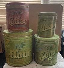 4 PC VINTAGE BALLONOFF TIN CANISTER SET FLOUR, COFFEE, SUGAR, TEA (R&D CO. 1977)