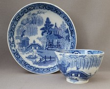 STAFFORDSHIRE PEARLWARE WEEPING WILLOW & CHINESE PAGODA TEABOWL & SAUCER 1800-10