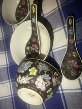 Vintage Chinese Porcelain Lotus Flower Famille Rose Soup Spoon & Bowl  set of 4 