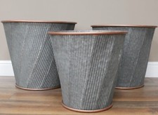 Set Of 3 Galvanised Metal Zinc Tub Planters Large Round Dolly Garden Drum Pots