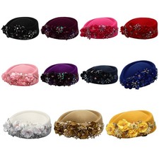 Womens Felt Turban Hat Performance Church Headwear Rhinestones Beret Caps 1Pcs